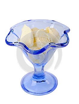 Ice cream in a blue glass ice-cream bowl