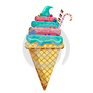 Ice cream blueberry raspberry scoops waffle cone. on white background. Vector Illustration.