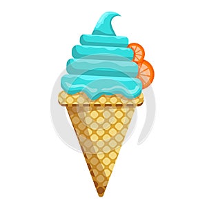 Ice cream blueberry scoops orange topping waffle cone.