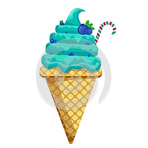 Ice cream blueberry scoops waffle cone. on white background. Vector illustration.