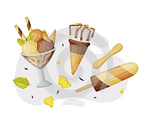 Ice-cream Bowl and Eskimo Served with Chocolate and Nuts as Frozen Dessert and Snack Vector Composition