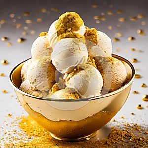 Ice cream in a bowl, gold dust, abstract background vector illustration aesthetically pleasing photorealistic, generative AI