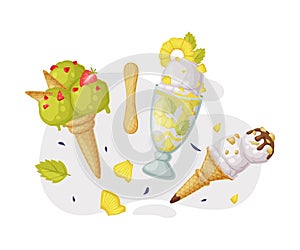 Ice-cream Bowl and Waffle Cone with Nut and Fruit as Frozen Dessert and Snack Vector Composition