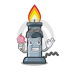 With ice cream bunsen burner in the mascot shape