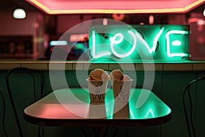 ice cream cafe display love background in neon light. valentine's day card, AI generative
