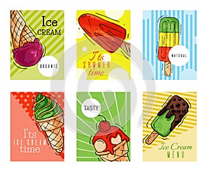 Ice cream cards summer natural fresh and cold sweet food vector illustration. Healthy homemade tasty dairy cone