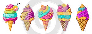 Ice cream cartoon doodle icons set vector isolated.