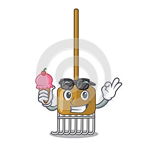 With ice cream cartoon rake leaves with wooden stick