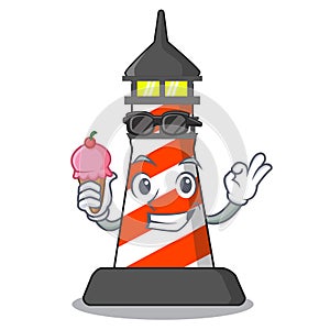 With ice cream cartoon realistic red lighthouse building