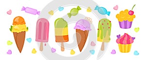 Ice cream cartoon set Muffin lollipop cone vanilla fruit Kawaii summer colorful sweet vector