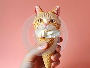 ice cream with cat face, hand holding ice creme , realistic photo, food photography