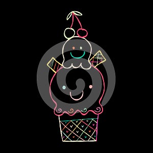 Ice cream character. Kawaii style icon with colorful outline isolated on black