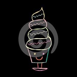 Ice cream character. Kawaii style icon with colorful outline isolated on black