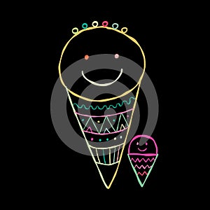 Ice cream character. Kawaii style icon with colorful outline isolated on black