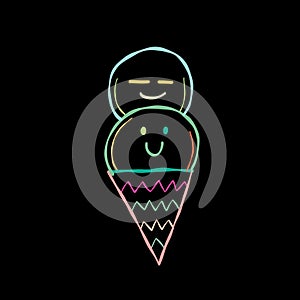 Ice cream character. Kawaii style icon with colorful outline isolated on black