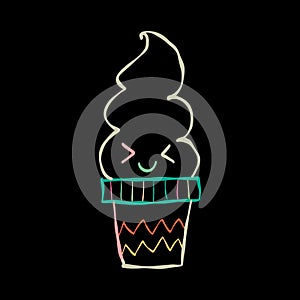 Ice cream character. Kawaii style icon with colorful outline isolated on black