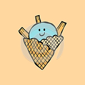Ice cream character. Kawaii style icons with black outline