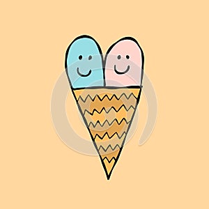 Ice cream character. Kawaii style icons with black outline