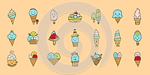 Ice cream characters. Kawaii style with black outline. Icons set