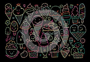 Ice cream characters. Kawaii style colorful on black. Horizontal background for your design