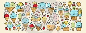 Ice cream characters. Kawaii style. Horizontal background for your design