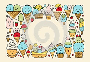 Ice cream characters. Kawaii style. Horizontal frame for your design