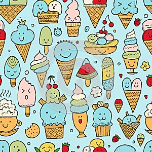 Ice cream characters. Kawaii style. Seamless pattern background for your design