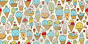 Ice cream characters. Kawaii style. Seamless pattern background for your design