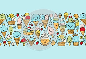 Ice cream characters. Kawaii style. Seamless pattern background for your design