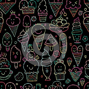 Ice cream characters. Kawaii style. Seamless pattern background for your design on black