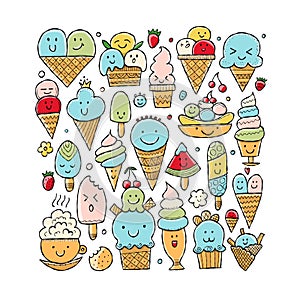 Ice cream characters. Kawaii style. Square frame for your design