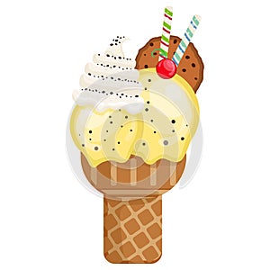 Ice cream chochip creamscoops waffle cone. on white background. Vector illustration