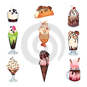 Ice Cream with Chocolate and Creamy Toppings in Waffle and Glass Tub Vector Set