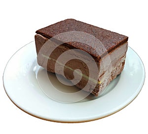 Ice cream chocolate flavor frozen on bread dessert pattern in white cup hand holding