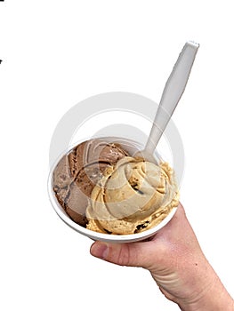 Ice cream chocolate flavor frozen dessert pattern in white cup hand holding on white