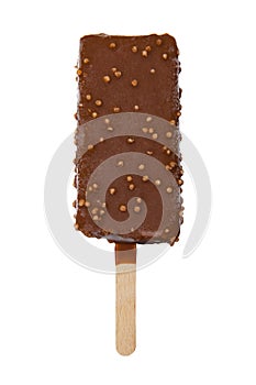 Ice cream with chocolate glaze and crunchy sprinkles isolated on white background