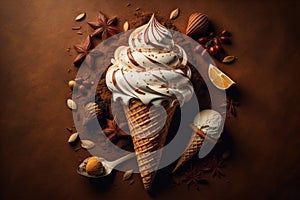 Ice cream with chocolate and nuts on a brown background, top view. generative ai