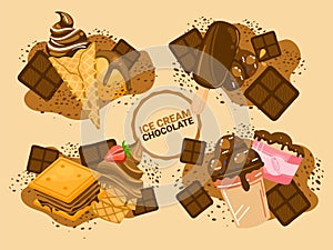 Ice cream chocolate, sweet tasty snack, cocoa dessert, flavor advertisement, design, in cartoon style vector