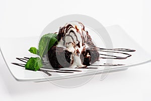 Ice cream with Chocolate topping. Dessert on grey