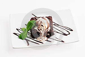 Ice cream with Chocolate topping. Dessert on grey