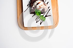 Ice cream with Chocolate topping. Dessert on grey