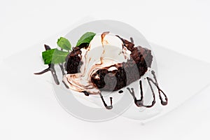 Ice cream with Chocolate topping. Dessert on grey
