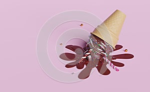 Ice cream chocolate with topping in waffle cones fallen isolated on pink pastel background.3d illustration or 3d render
