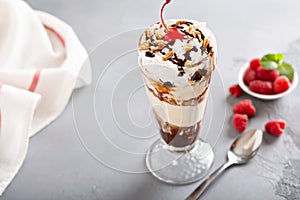 Ice cream, chocolate and whipped cream parfait