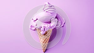 Ice cream closeup in waffle cone. Strawberry colorful pink ice-cream isolated on violette background. Mockup flat lay. Copy space photo