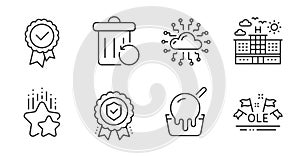 Ice cream, Cloud network and Recovery trash icons set. Insurance medal, Hotel and Ole chant signs. Vector