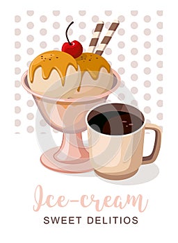 Ice cream and coffee card. Sweet food dessert. Flyer, banner shop.