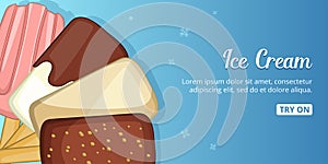 Ice cream cold banner horizontal, cartoon style