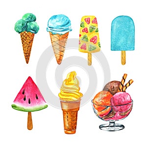 Ice cream collection. Watercolor illustration.