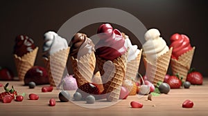Ice cream cone assortment. Strawberry, chocolate and vanilla in waffle cones